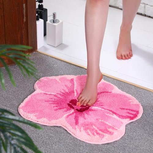 Drydiet Pink Flower Shower Mat Summer Hibiscus Bathroom Rug Flower Shape Shower Mat Door Cute Bath Tropical Summer Bathroom Decoration Non Slip Washable Bath Rug - style: Flowers