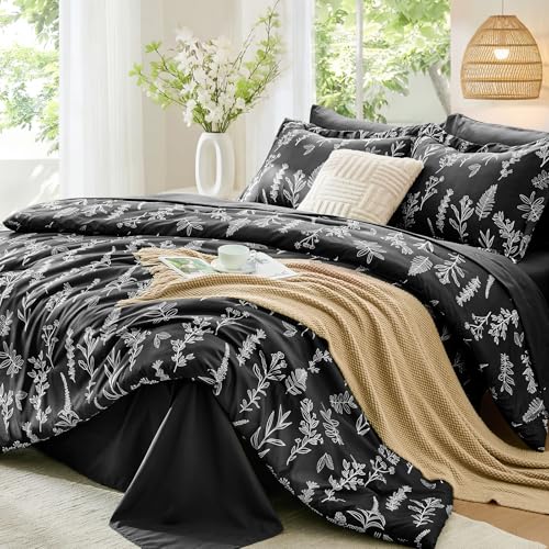 MUXHOMO Black Full Comforter Set, Elegant Floral Print Bed in a Bag 7 Pieces, Ultra Soft & Breathable Reversible Botanical Pattern Bedding Set with Comforter, Sheets, Pillowcases, and Shams - color: Black Leaves, size: Full(82"x86")