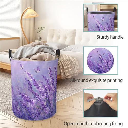 Purple Lavender Round Laundry Basket Collapsible Laundry Hamper with Handles Toys Clothes Organizer Bin For Home Bathroom Bedroom Dorm Nursery - color: Purple Lavender