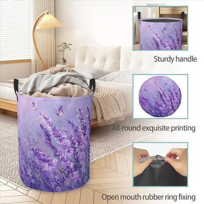 Purple Lavender Round Laundry Basket Collapsible Laundry Hamper with Handles Toys Clothes Organizer Bin For Home Bathroom Bedroom Dorm Nursery - color: Purple Lavender