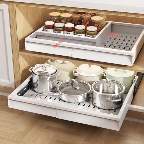 Seinloes Pull Out Cabinet Organizer, 4-Side Expandable to Fit Most Cabinets, 3 Rail Slide Out Drawers with Raising Pad for Framed & Frameless Cabinets, 13"-21" W x 13"-17" D, White, 2 Pack - color: White, size: 13"-21"W x 13"-17"D(2Pack)