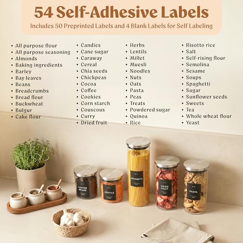 EDELHAUS Glass Storage Containers with Stainless Steel Lids [Extra Thick Glas] with 54 Labels - Canister For Pantry Noodles Flour Cereal Rice Sugar Tea Coffee Beans - Round Set of 5x - color: 5 Pack - Silver Lids