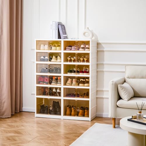 SAYMA Foldable Shoe Rack Organizer, Plastic Collapsible Shoe Storage Cabinet with Door, Easy Assembly Shoe Shelf for Entryway, Clear Stackable Shoe Box (6 Tiers, 24 Pairs) - size: 6 Tiers-24 Pairs