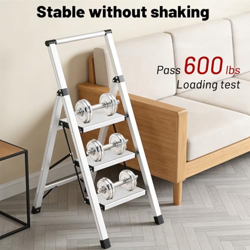 3 Step Ladder Aluminum Lightweight Folding Step Stool, 600lbs Max Load Heavy Duty Step Stool with Safety Handrail, Slim Foldable Kitchen Stool with Anti-Slip Pedal for Home Sliver，3 Steps - size: 3 steps