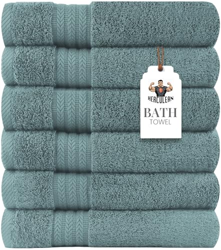 HERCULEAN Large Bath Towels 24 x 50 Pack of 6 | Quick Dry and Highly Absorbent | 100% Cotton Terry Towels for Bathroom - Perfect for Shower - Pool and Spa - Luxury Soft Towels - Duck Egg - color: Duck Egg, size: 24" x 50" PK 6