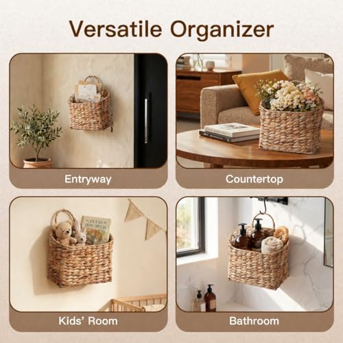 Set of 2 Wicker Hanging Wall Basket Woven Hanging Baskets Natural Water Hyacinth Wall Mounted Storage Baskets with Handle Farmhouse Home Decor for Organizing Front Door Entryway Mail Flowers Plant