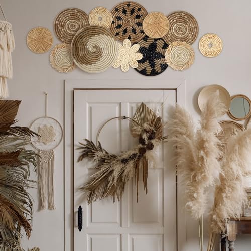 11 Pcs Boho Hanging Wall Basket Decor Handmade Woven Basket Wall Decorative Boho Wicker Baskets Placemats Round Farmhouse Bulrush Art for Rustic Home Decorations Christmas Gift(Rustic) - style: Rustic