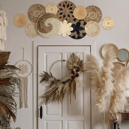 11 Pcs Boho Hanging Wall Basket Decor Handmade Woven Basket Wall Decorative Boho Wicker Baskets Placemats Round Farmhouse Bulrush Art for Rustic Home Decorations Christmas Gift(Rustic) - style: Rustic