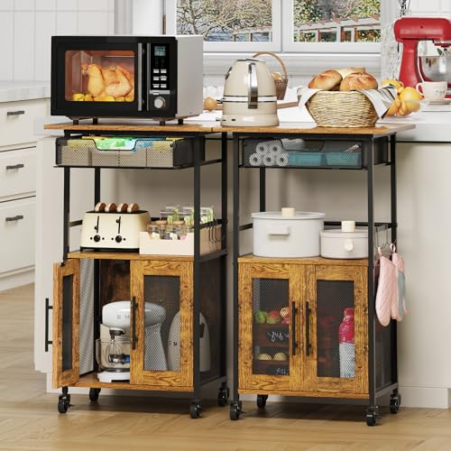 3 Tier Slim Rolling Coffee Cart with 2-Door & Pull-Out Wire Basket Drawer, Coffee Bar Cabinet on Lockable Casters, 32.7" H Microwave Cart with Storage for Home, Kitchen, Dining Room (Rustic Brown) - size: Medium