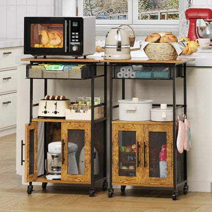 3 Tier Slim Rolling Coffee Cart with 2-Door & Pull-Out Wire Basket Drawer, Coffee Bar Cabinet on Lockable Casters, 32.7" H Microwave Cart with Storage for Home, Kitchen, Dining Room (Rustic Brown) - size: Medium