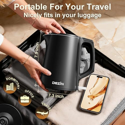 Dezin 0.8L Electric Kettle, Small Electric Kettle with Double Wall Construction, 304 Stainless Steel Electric Tea Kettle for Business Trip, Portable Travel Kettle with Auto Shut-Off
