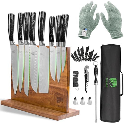FULLHI 15pcs Japanese Knife Set with Magnetic Knife Block Holder, Japan Stainless Steel Blades, Black Resin Ergonomic Handles for Professional and Home Cooking - color: Black, size: Magnetic Block Knife set