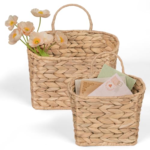 iEGrow Set of 2 Hanging Basket, Wicker Wall Basket Natural Water Hyacinth, Hanging Baskets for Organizing and Decor, Storage Baskets for Door Mounted Entryway Flower Mail Plant Garden - color: Natural, size: Square