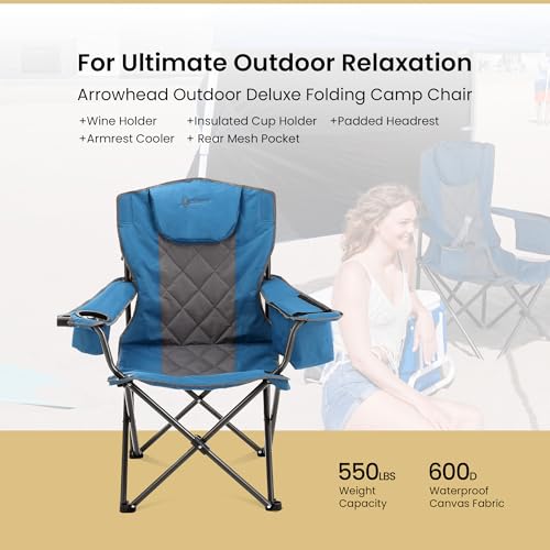 ARROWHEAD OUTDOOR Deluxe Folding Camp Chair – 550lb Capacity Heavy-Duty Quad Chair with Integrated Cooler, Headrest, and Dual Cup Holders. - color: Denim