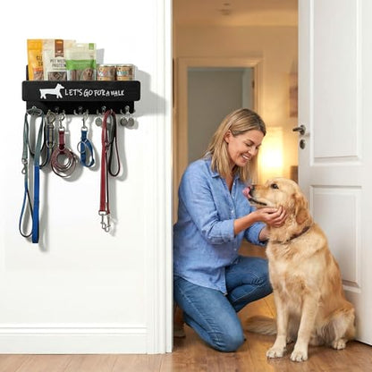 Wood Dog Leash Holder for Wall, Key Hangers with 5 Double Key Hooks, Dog Leash Hanger Wall Mounted for Entryway, Farmhouse Treats,35cm,Black - color: Black