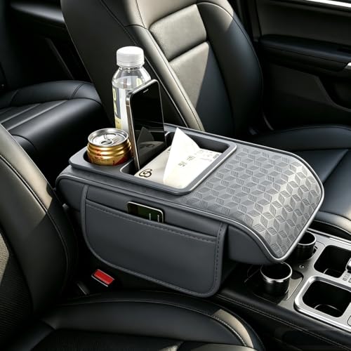 Car Center Console Cover, Auto Car Armrest Cushion 5-in-1 with Cup Holder, Tissue Box Slot, Phone Slot for Vehicle, Car Accessories Interior Storage Organizers (Grey) - color: Grey
