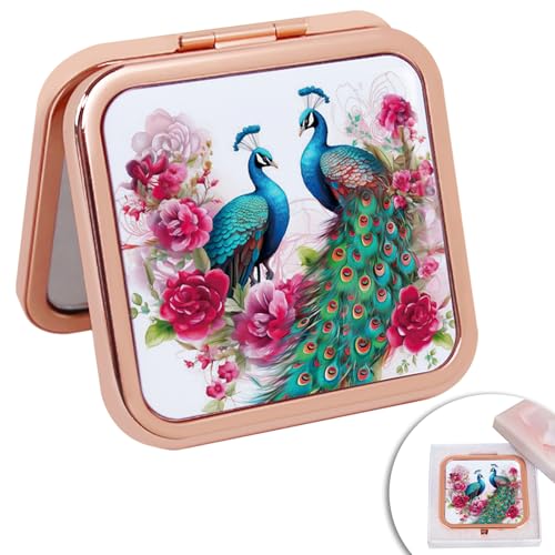 Vintage Compact Mirror Small Peacock Travel Makeup Mirror 2X 1X Magnification Double Sided Folding Square Mirror for Women Girl Metal Cosmetic Pocket Mirror for Purse Handbag - color: Rose Gold 10