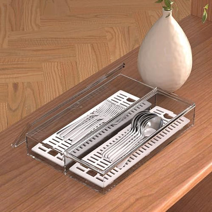 2 Pack Clear Silverware organizer with lid, Plastic Flatware Storage Box, Kitchen Drawer Organizer tray, Cutlery Utensil Holder