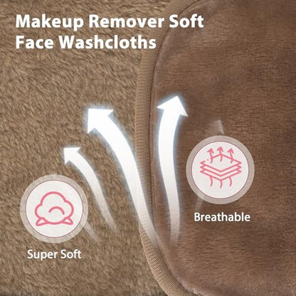 Natwag Makeup Remover Cloth, 6" x 6" Make Up Towels Reusable Face Cloth for Washing Face, Makeup Remover Pads Microfiber Face Washcloth with Mesh Bag, Just Water, 12 Pack, Light Brown - color: Light Brown