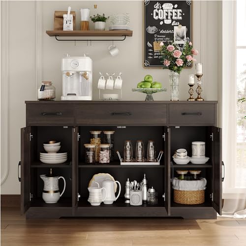 HOSTACK Buffet Cabinet with Drawers, 55" Large Sideboard Buffet Storage Cabinet with Shelves and Doors, Modern Farmhouse Coffee Bar Station Wood Kitchen Table for Kitchen, Dining Room, Dark Brown - color: Dark Brown