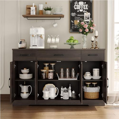 HOSTACK Buffet Cabinet with Drawers, 55" Large Sideboard Buffet Storage Cabinet with Shelves and Doors, Modern Farmhouse Coffee Bar Station Wood Kitchen Table for Kitchen, Dining Room, Dark Brown - color: Dark Brown