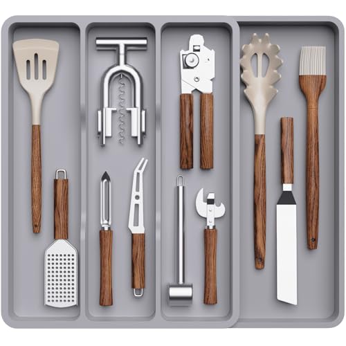 Lifewit Utensil Organizer for Kitchen Drawer, Expandable Cooking Silverware Tray, Adjustable Cutlery Flatware Holder, Plastic Spatula Tools Storage Divider, 17.3 x 15.8", Gray - color: Gray, size: 17.3 × 15.8 × 1.8 inch (4 Slots)