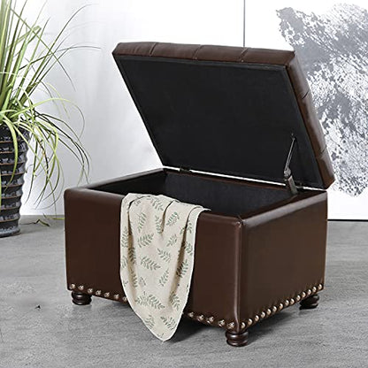 Leather Ottoman with Storage,24’’Foot Rest Ottomans with Hinged Lid Rectangle Upholstered Foot Stools Nailhead Trim for Living Room Bedroom,Classic Brown - color: Classic Brown