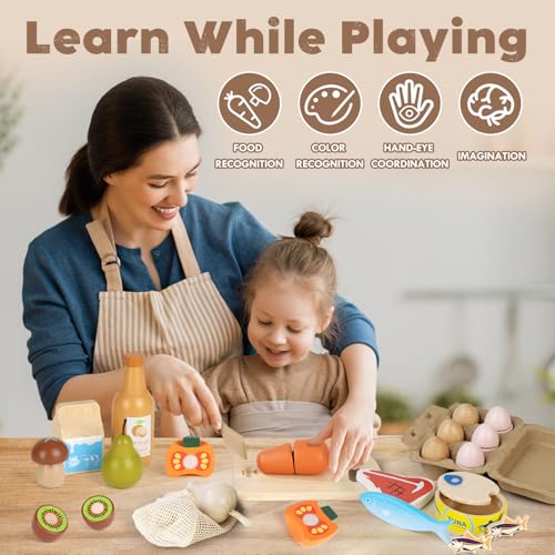 Lehoo Castle Wooden Play Food Sets for Kids Kitchen, Grocery Food Toys for Toddlers 3+ Year Old, Cutting Fruits Vegetables Meat Fish Shopping Bag, Pretend Play Kitchen Accessories Gift for Boys Girls