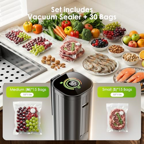 Elxis Vacuum Sealer, Portable handheld Vacuum Sealer + 30 Reusable Vacuum Bags, Portable Food Sealer, With LED pressure display, 2-Speed Pressure Control (60/80 Kpa) - size: Vacuum Sealer + 30 Bags