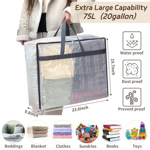 Fixwal 4 Pack 75L Extra Large XL Clear Storage Bags With Zipper for Blankets, Quilts, Clothes, Comforter, Bedding and Pillows - size: 75L