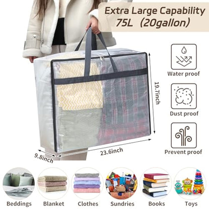 Fixwal 4 Pack 75L Extra Large XL Clear Storage Bags With Zipper for Blankets, Quilts, Clothes, Comforter, Bedding and Pillows - size: 75L