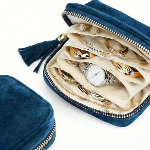 Small Travel Jewelry Pocket Case with Zipper for Women | 6-Layer Soft Velvet Organizer Pouch, Anti-Scratch Portable Bag for Bracelets, Rings, Earrings & Necklaces,Use&Gift (Gem Blue) - color: Gem blue