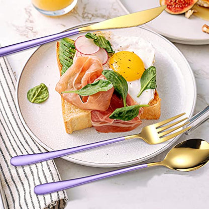 AARAINBOW 6 Pieces 18/8 Stainless Steel Flatware Set Portable Reusable Cutlery Set Travel Utensils Set Including Chopsticks Knife Fork Spoon Straws Cleaning Brush Dishwasher Safe (Purple golden) - color: Purple golden