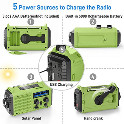 NOAA Weather Radio, Emergency Hand Crank Radio with Solar Charger, Portable Battery Operated AM FM Shortwave Radio with LED Flashlight, USB Charger, Earbud Jack, SOS Alert for Home Survival Hurricane - color: Green