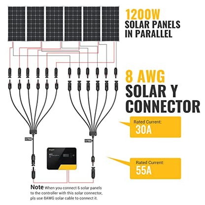 BougeRV Solar Y Connectors Solar Panel Parallel Connectors Extra Long 1 to 6 Solar Branch PV Adapter Cable Wire Plug Tool Kit (M/FFFFFF and F/MMMMMM) - size: 1 Pair/M/FFFFFF and F/MMMMMM