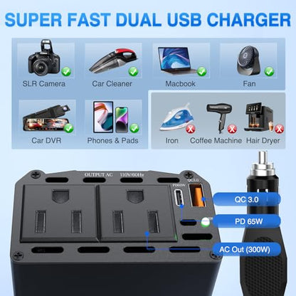Nilight 300W Power Inverter 12V DC to 110V AC Car Converter with PD 65W USB C & QC3.0 for Phones Tablets Laptop Computer Game Console Kindle iPad DVD Players Black - color: 300W USB+PD 110V Outlet*2