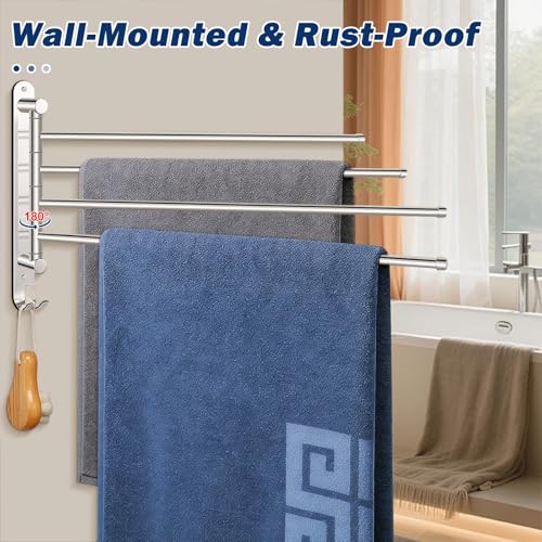 NearMoon Swivel Towel Rack, 19.5" Thicken 304 Stainless Steel 4-Arm Towel Bar, Space Saving Wall Mounted Towel Holder with Hook, Rustproof Swing Out Towel Hanger for Bathroom, Kitchen (Chrome Finish) - color: Chrome Finish, size: 19.5 Inch