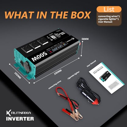 500W Power Inverters Peak 1000W 12V DC to 110V AC Converter for Vehicles USB-C/PD 25W Fast Charging Ports Car Charger Adapter with a Cigarette Lighter Ports Plug Outlet - size: Modified sine wave-500W