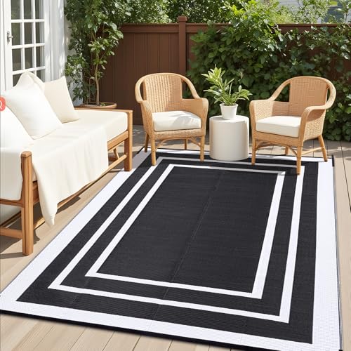 OLANLY Outdoor Rug 9x12 ft Waterproof, Reversible Outdoor Plastic Straw Rug, RV Mat, Indoor Outdoor Carpet Clearance for Patio, Camping, Balcony, Deck, Backyard, Black & White - color: Black & White, size: 9' X 12' (Rectangular)