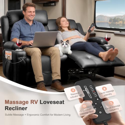 Reclining Loveseat, 55.1" RV PU Leather Wall Hugger Recliner Love Seats Sofa with Charging Station, Removable Armrest, Cup Holder, Double Recliners Couch, Manual Love Seat for Living Room - color: Midnight Black, size: Hera - Loveseat