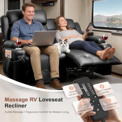 Reclining Loveseat, 55.1" RV PU Leather Wall Hugger Recliner Love Seats Sofa with Charging Station, Removable Armrest, Cup Holder, Double Recliners Couch, Manual Love Seat for Living Room - color: Midnight Black, size: Hera - Loveseat