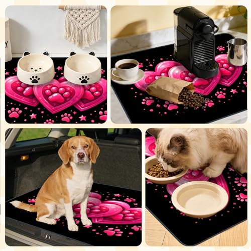 Nuxovilar Pet Dog Supplies Food Mat Pink Heart-Paw Polyester (23.62×17.71 inches) Bowl Water Spill Pad Feeding Gear for Home, Feeding Spot, Pet Nook - color: TT17788