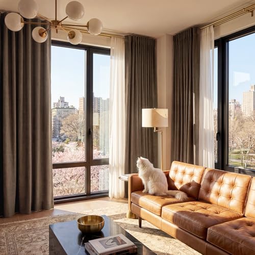 RYB HOME Brown 100% Blackout Curtains 84 inches Long, Thermal Insulating Privacy Energy Saving Linen Curtains for Bedroom Living Room Window Office Theater Dining Nursery, W52 x L84, 2 Panels - color: Brown, size: 52"W x 84"L (Pack of 2)