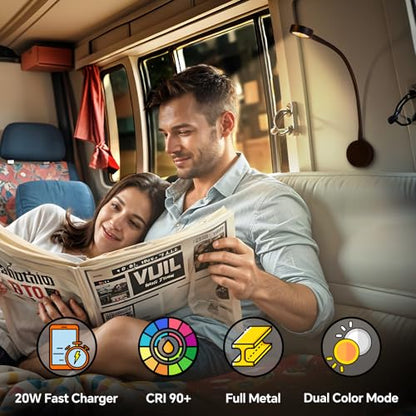 Dimmable RV Reading Light, Aluminum 12V LED Reading Light with USB-C Charger, Red Nightlight & Flexible Gooseneck & Convenient Head Switch, Designed for Camper Van Boat DC12-24V (Black)