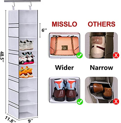 MISSLO 8-Shelf Hanging Shoe Organizer Clothes Closet Organizers and Storage Shelves Hat Holder with Large Shelf and Side Mesh Pockets for Hats Handbags Kid Sweater (White)