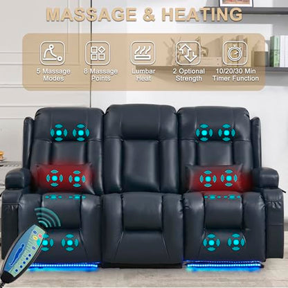 URRED Power Loveseat Recliner Sofa with Massage and Heat, Wall Hugger Reclining Loveseat with Console, RV Couch Home Theater Seating with LED Lights for Living Room (Dark Blue, 76.8" - 3 Seats) - color: Dark Blue, size: 76.8" - 3 Seats