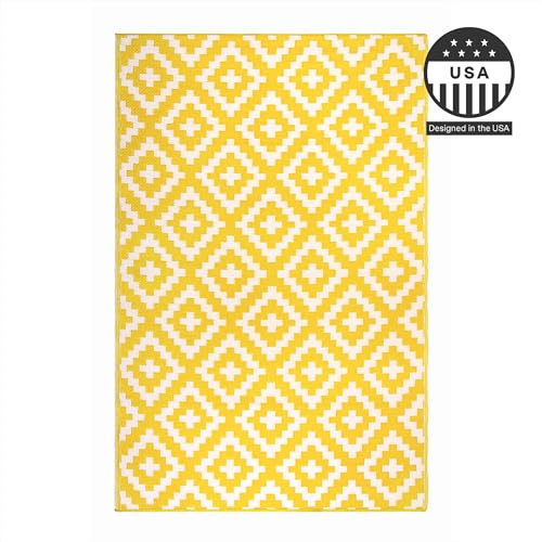 FH Home Outdoor Rug - Waterproof, Fade Resistant, Reversible - Premium Recycled Plastic - Geometric - Large Patio, Deck, Sunroom, Camping, RV - Aztec - Yellow & White Crease Free - 6 x 9 ft - color: Aztec - Yellow & White, size: 6' x 9' (Rectangular)