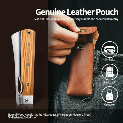 ZhengSheng Folding Chef Knife with Leather Pouch 4.8” Sharp 440A Stainless Steel Blade Olive Handle Pocket Foldable Japanese Style Kitchen Knife for Outdoor Camping BBQ trip Cooking. - color: #3 Natural Olive Handle - Leather Pouch