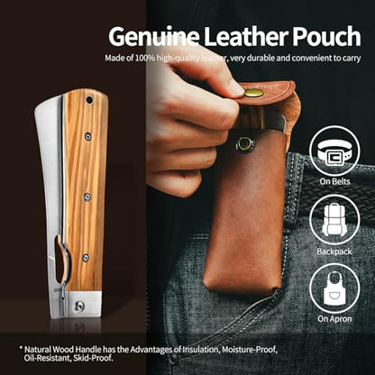 ZhengSheng Folding Chef Knife with Leather Pouch 4.8” Sharp 440A Stainless Steel Blade Olive Handle Pocket Foldable Japanese Style Kitchen Knife for Outdoor Camping BBQ trip Cooking. - color: #3 Natural Olive Handle - Leather Pouch