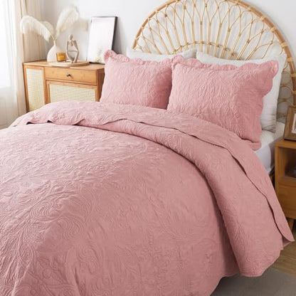 HoneiLife Queen Quilt Bedding Set - 3 Piece Microfiber Quilt Sets Lightweight Bedspreads Reversible Coverlets Rustic Bed Cover Floral Bedding Set All Season Quilts-Pink - color: Dusty Pink, size: Queen/Full-90"x96"